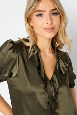 M&Co Womens Khaki Green Frill Satin Blouse><noscript><img width=
