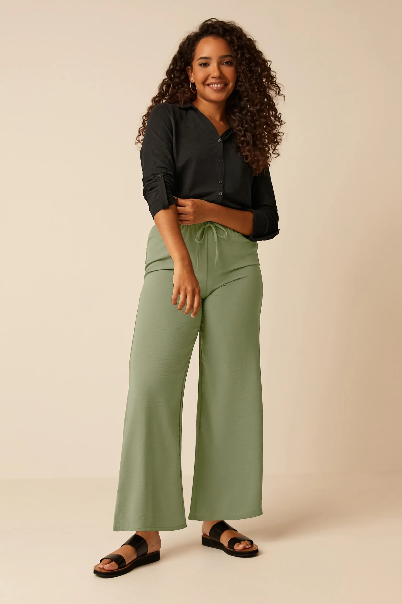 M&Co Womens Khaki Green Crepe Wide Leg Trousers>Women Wide Leg Trousers
