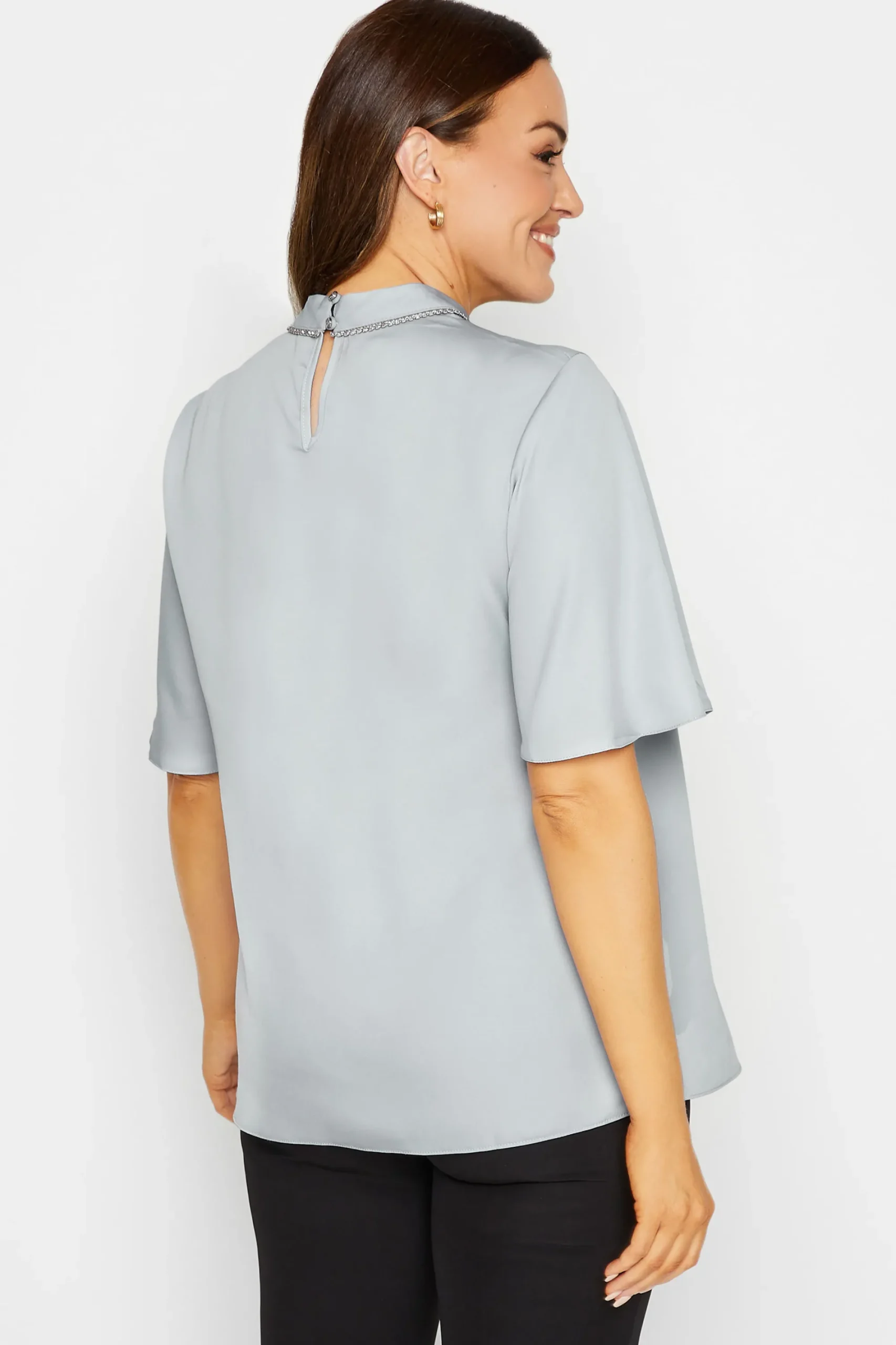 M&Co Womens Light Blue Embellished Neck Keyhole Blouse>Women Short Sleeve Tops