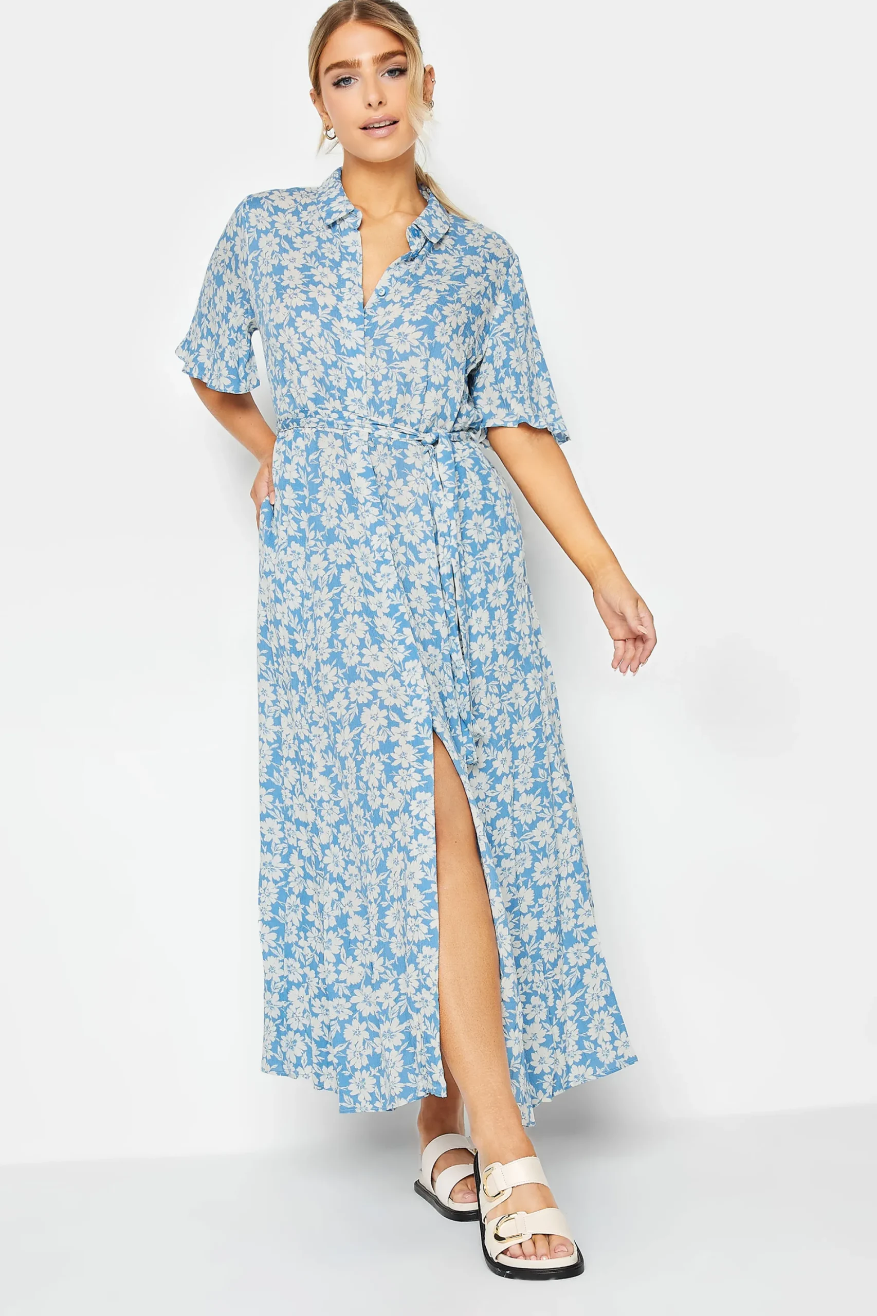 M&Co Womens Light Blue Floral Print Maxi Shirt Dress>Women Shirt Dresses