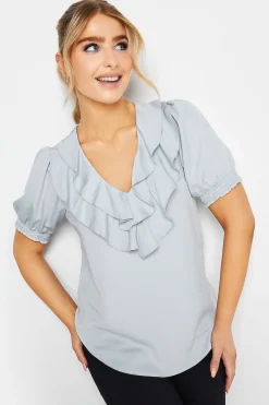 M&Co Womens Light Blue Frill Front Blouse>Women Short Sleeve Tops