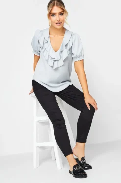M&Co Womens Light Blue Frill Front Blouse>Women Short Sleeve Tops