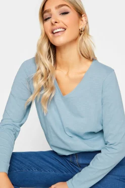 M&Co Womens Light Blue V-Neck Long Sleeve Cotton Blend T-Shirt><noscript><img width=