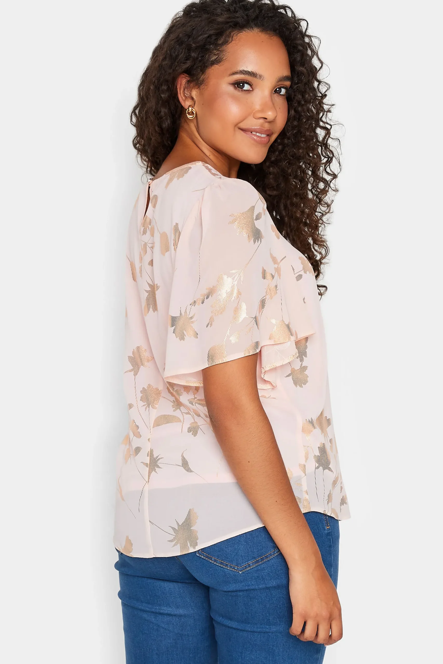 M&Co Womens Light Pink Floral Shimmer Blouse>Women Short Sleeve Tops