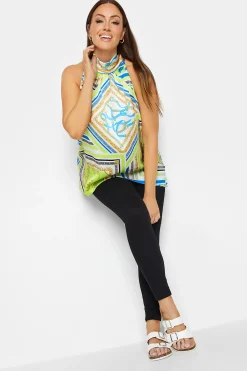M&Co Womens Lime Green Scarf Print Halter Neck Blouse>Women Short Sleeve Tops