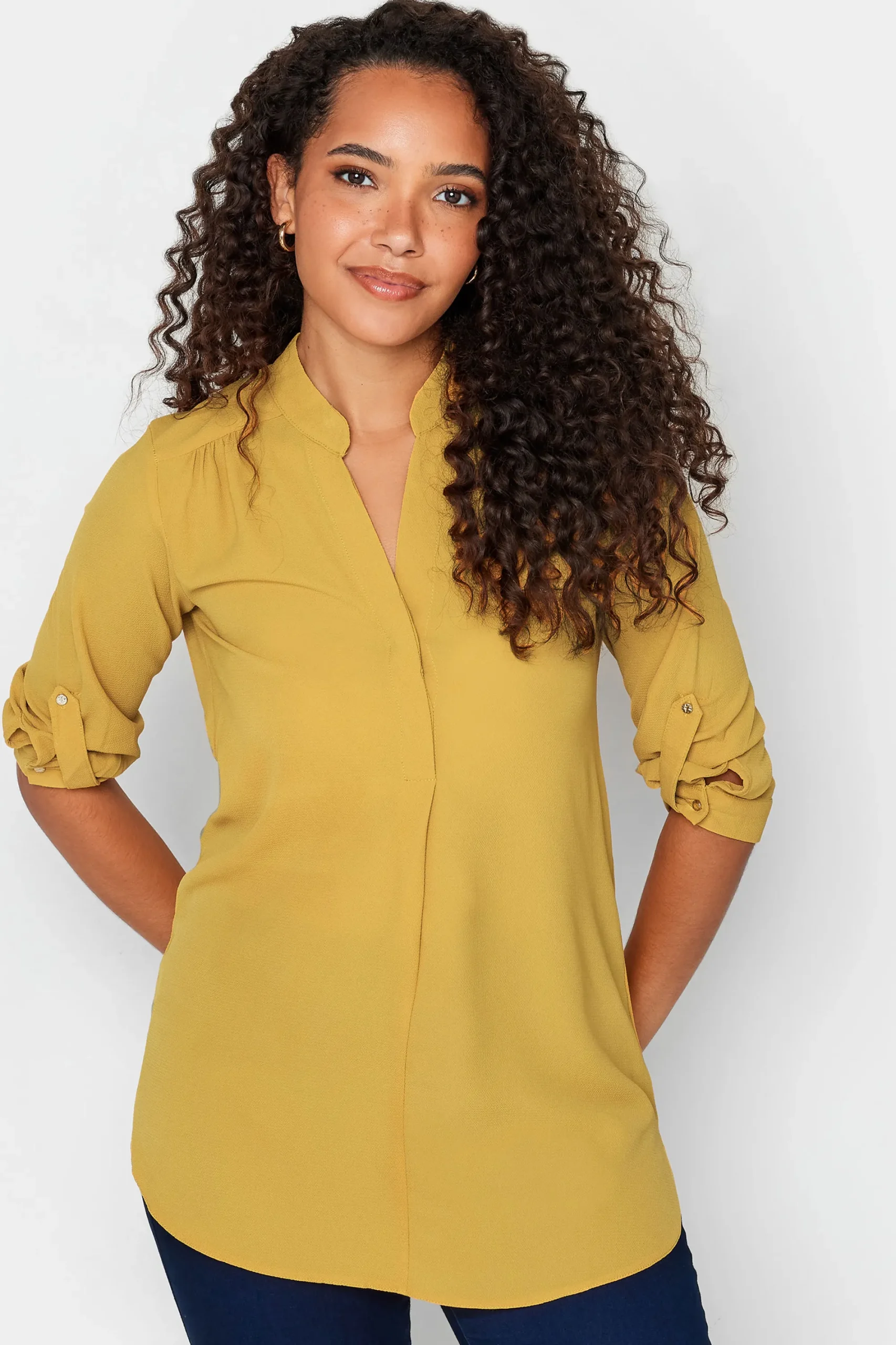 M&Co Womens Mustard Yellow Tab Sleeve Blouse>Women Shirts