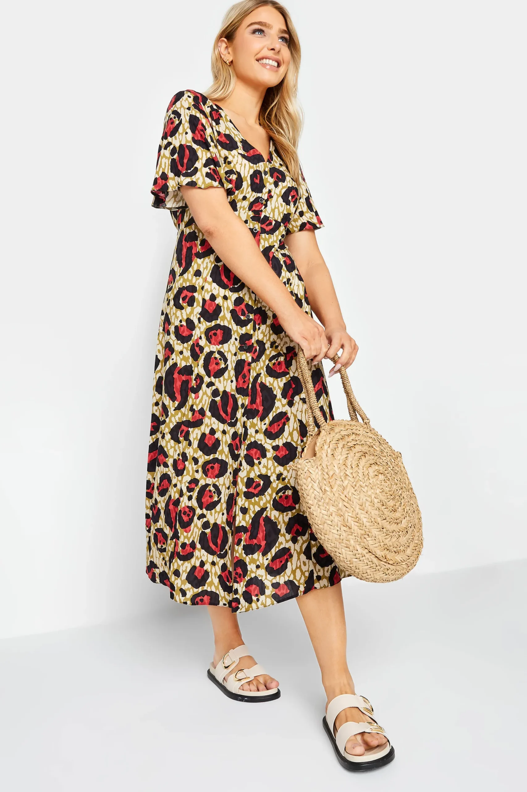 M&Co Womens Natural Brown & Red Animal Print Midi Button Through Tea Dress>Women Midi Dresses