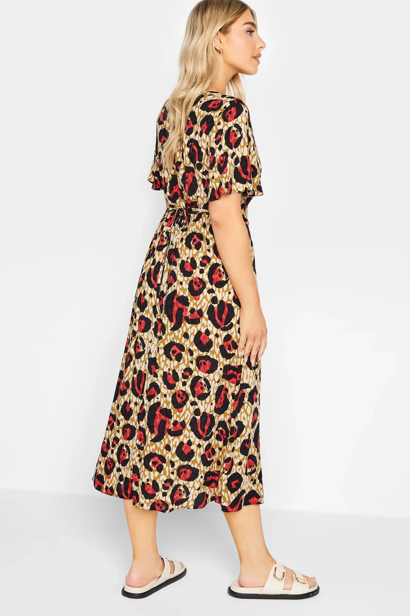 M&Co Womens Natural Brown & Red Animal Print Midi Button Through Tea Dress>Women Midi Dresses