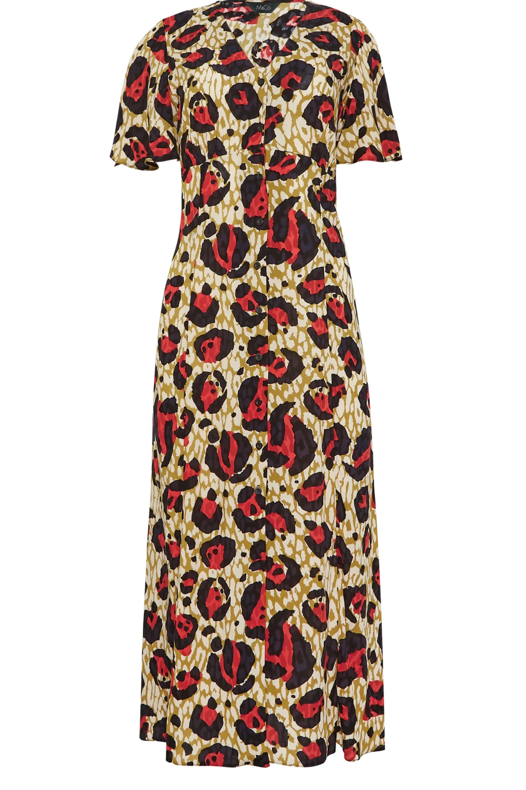 M&Co Womens Natural Brown & Red Animal Print Midi Button Through Tea Dress>Women Midi Dresses