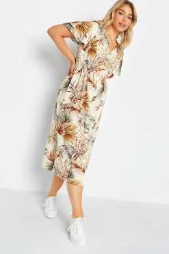 M&Co Womens Natural Brown Tropical Print Shirred Waist Midi Dress>Women Wedding Guest Dresses