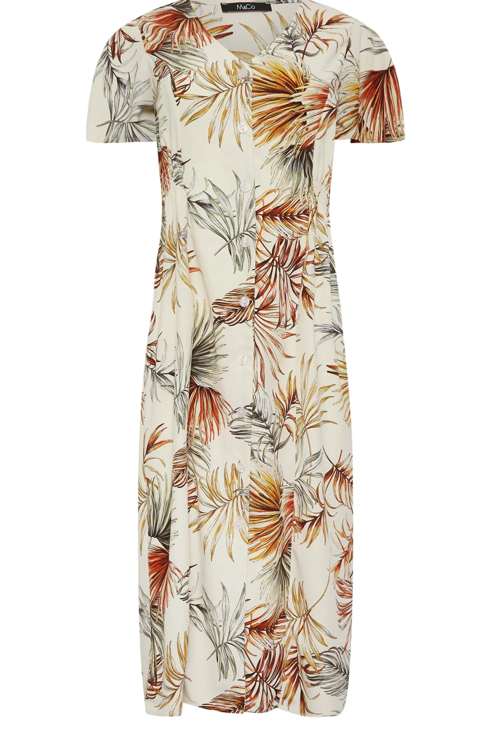 M&Co Womens Natural Brown Tropical Print Shirred Waist Midi Dress>Women Wedding Guest Dresses