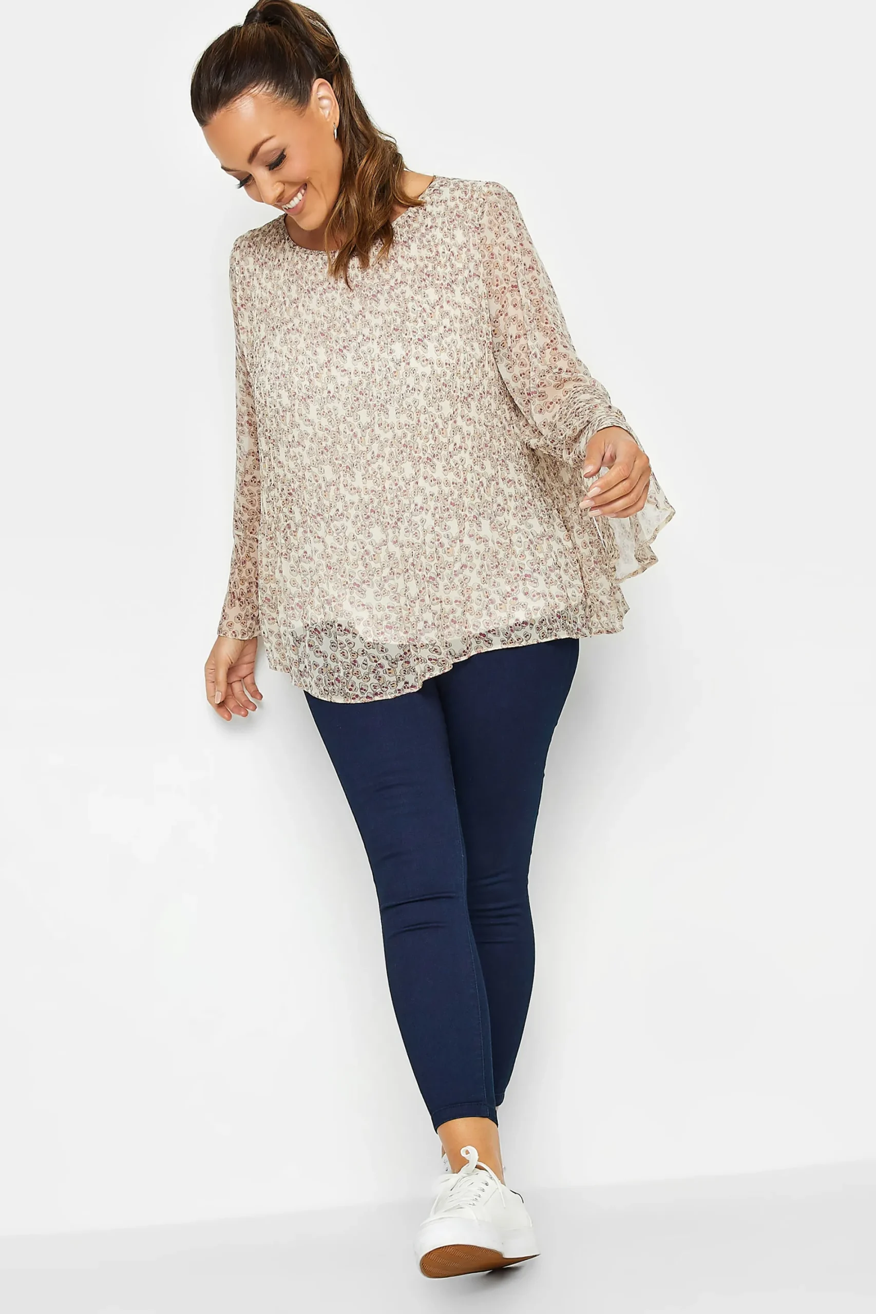 M&Co Womens Natural Brown Skull Print Pleated Blouse>Women Long Sleeve Tops