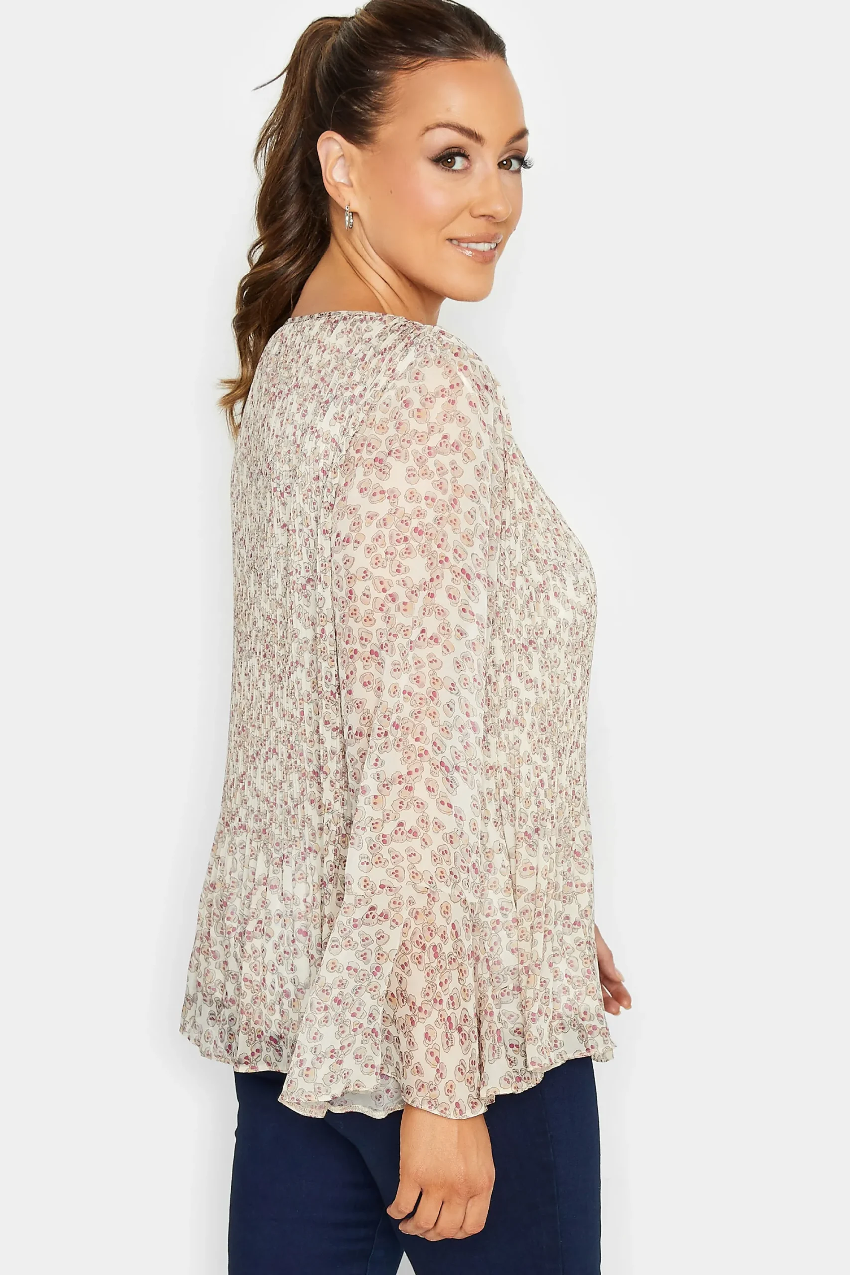 M&Co Womens Natural Brown Skull Print Pleated Blouse>Women Long Sleeve Tops