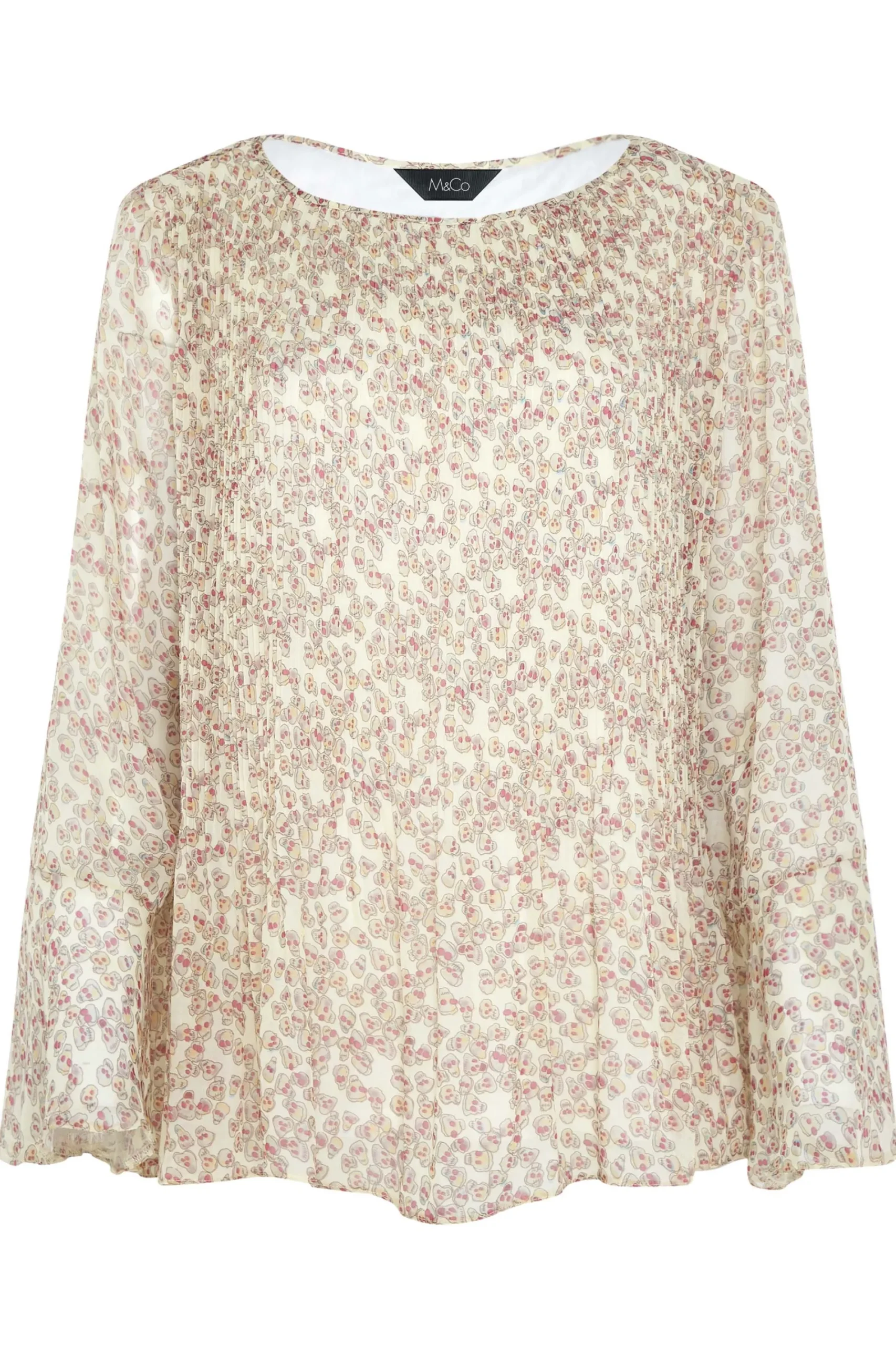 M&Co Womens Natural Brown Skull Print Pleated Blouse>Women Long Sleeve Tops