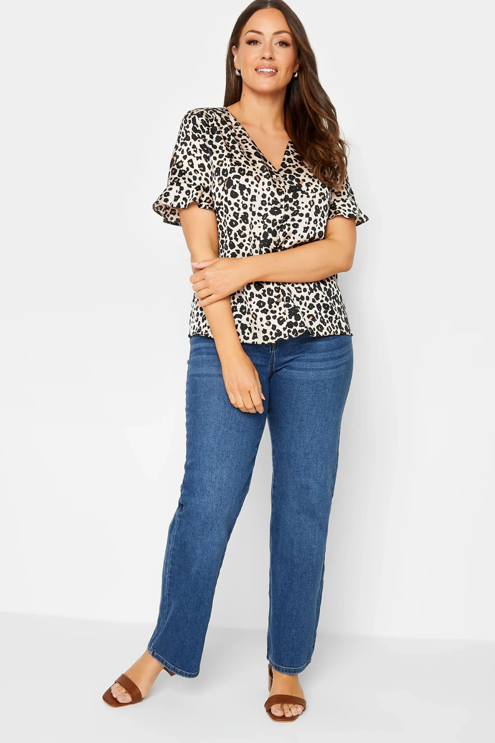M&Co Womens Natural Leopard Frill Sleeve Blouse>Women Short Sleeve Tops