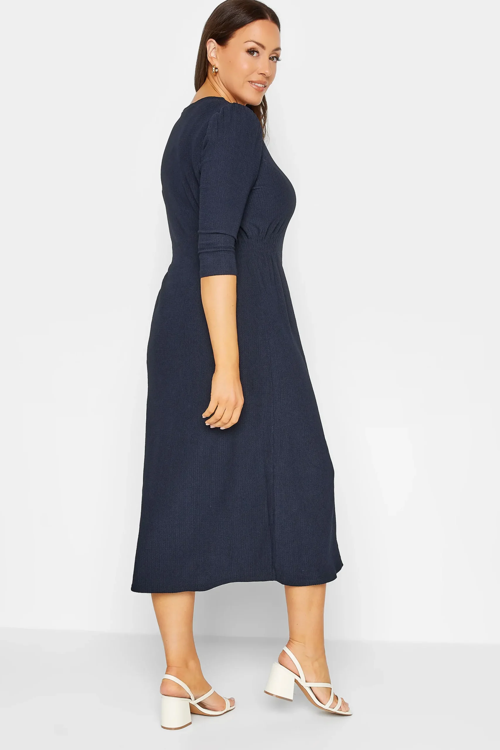 M&Co Womens Navy Blue Textured Button Through Dress>Women Midi Dresses