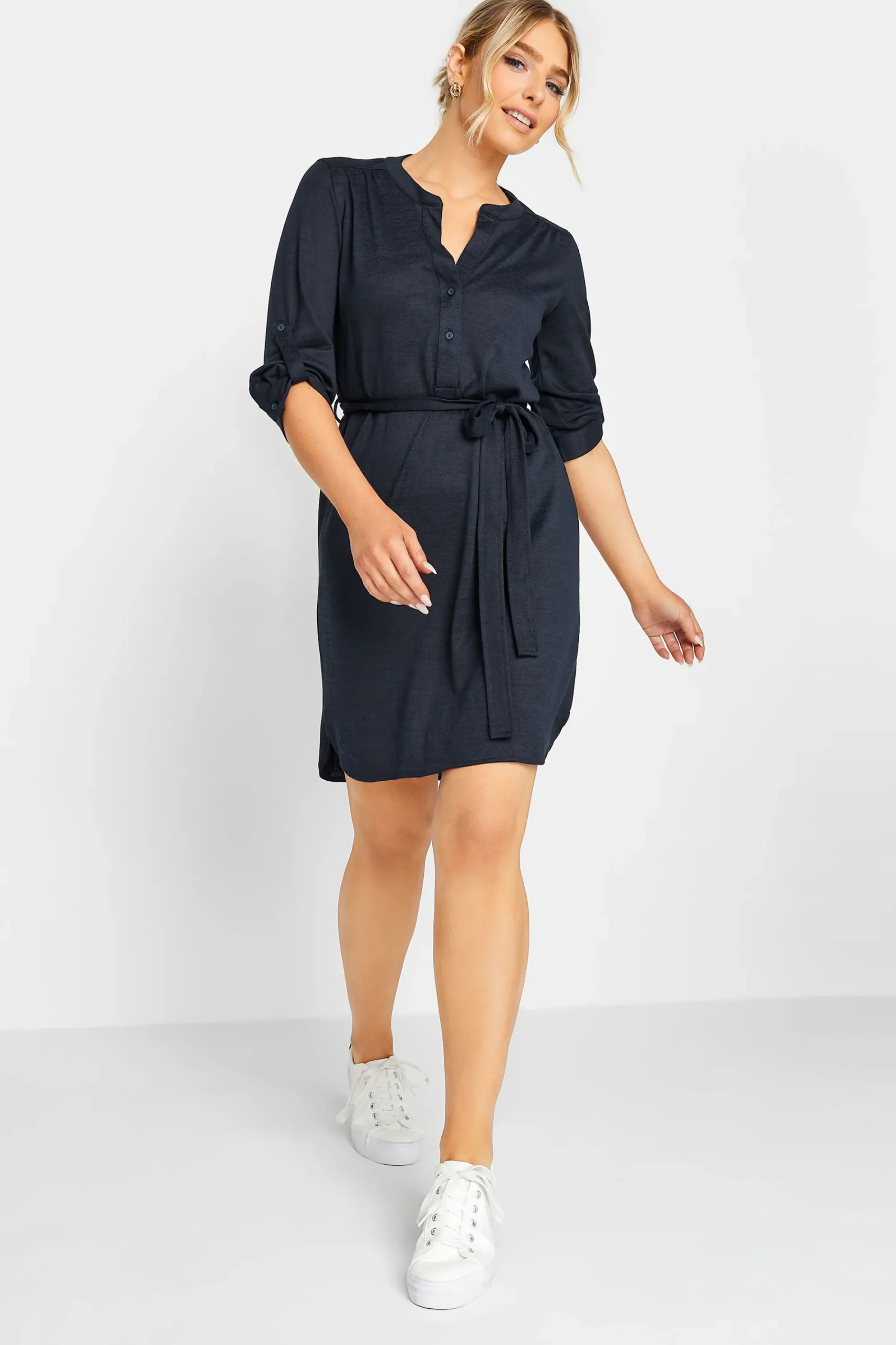 M&Co Womens Navy Blue Tie Waist Tunic Dress>Women Shirt Dresses