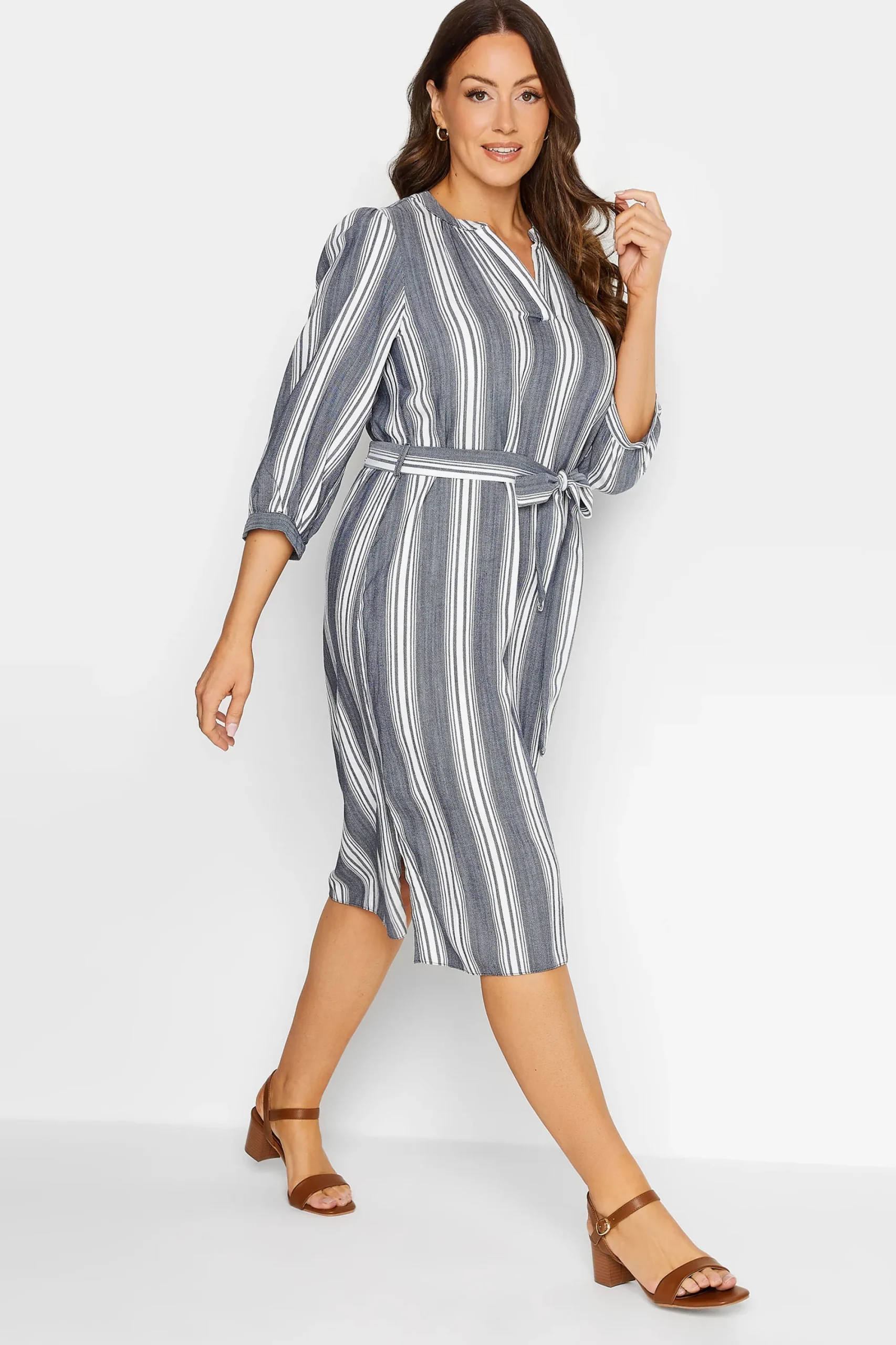 M&Co Womens Navy Blue Stripe Print Tie Waist Tunic Dress>Women Shirt Dresses
