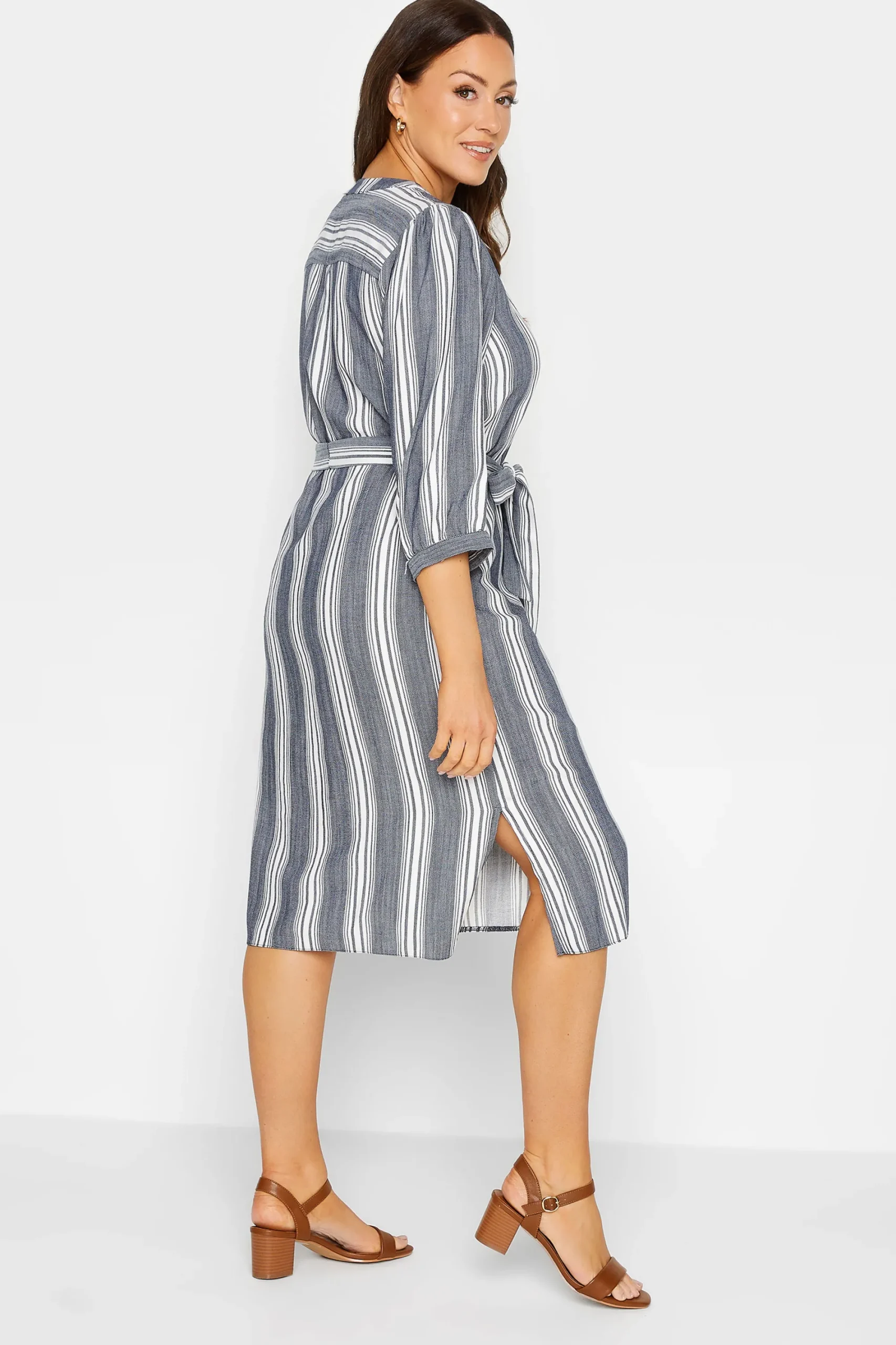 M&Co Womens Navy Blue Stripe Print Tie Waist Tunic Dress>Women Shirt Dresses