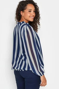 M&Co Womens Navy Blue Stripe Tie Neck Blouse><noscript><img width=