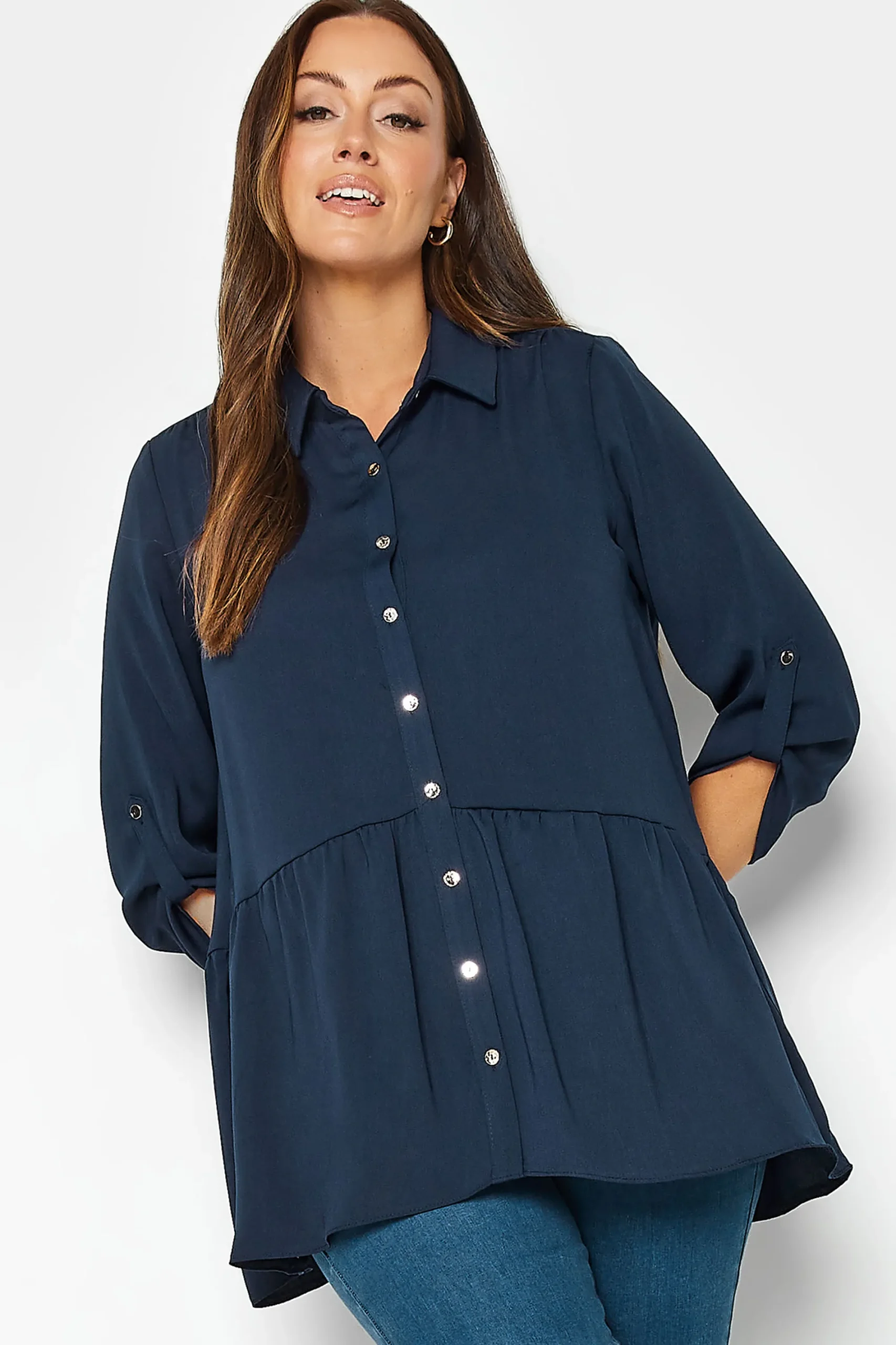 M&Co Womens Navy Blue Frill Hem Shirt>Women Shirts