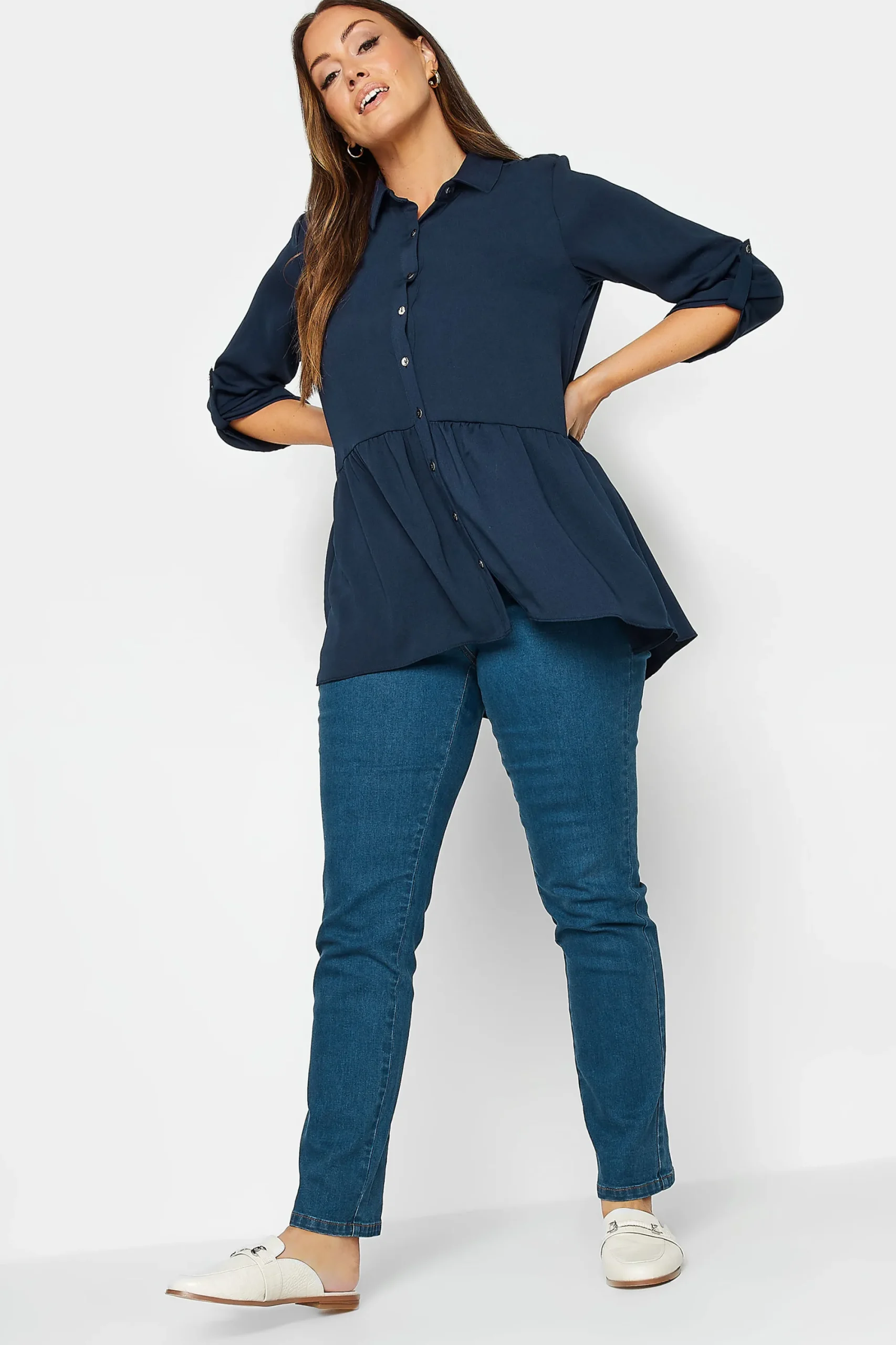 M&Co Womens Navy Blue Frill Hem Shirt>Women Shirts