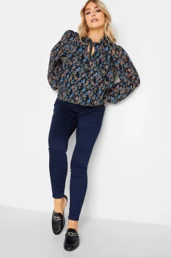 M&Co Womens Navy Blue Floral Pleated Blouse>Women Long Sleeve Tops