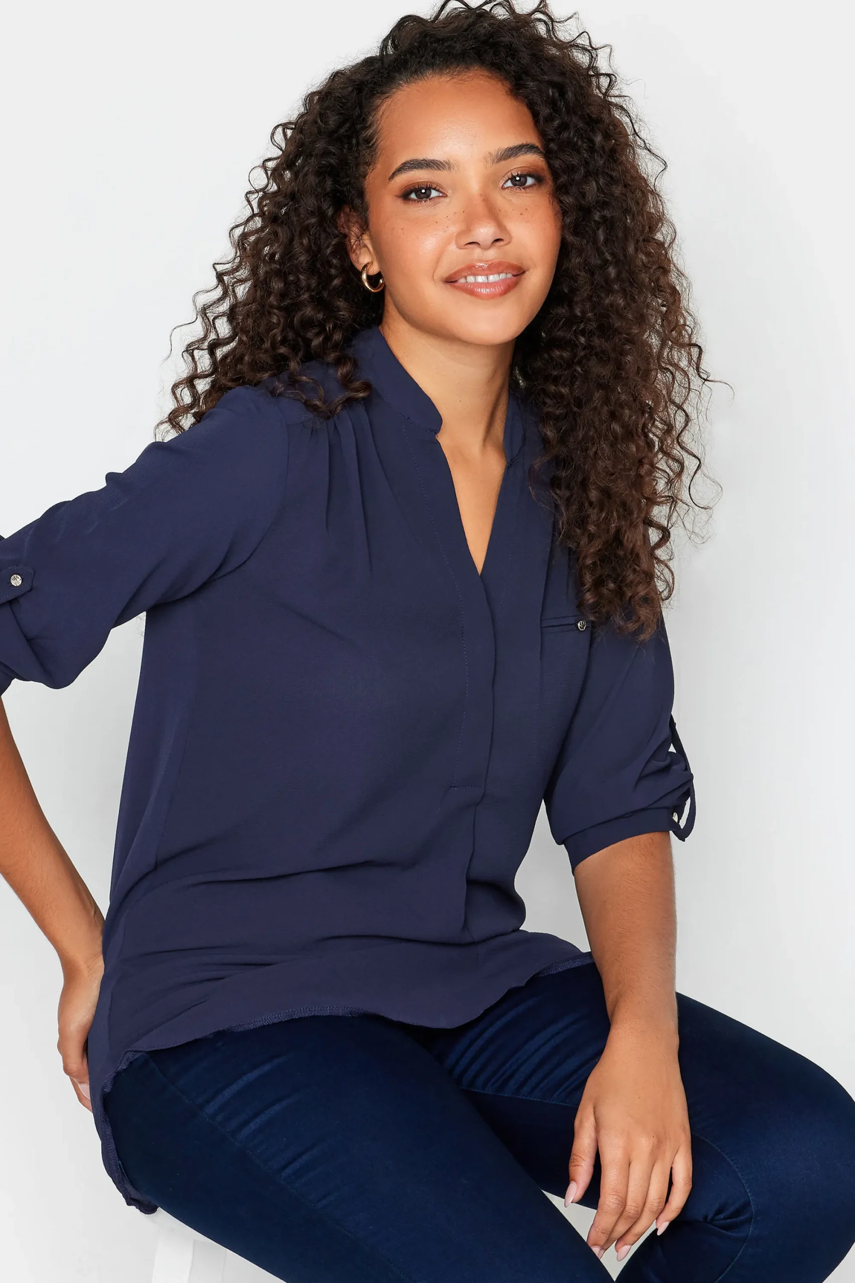 M&Co Womens Navy Blue Tab Sleeve Blouse>Women Shirts