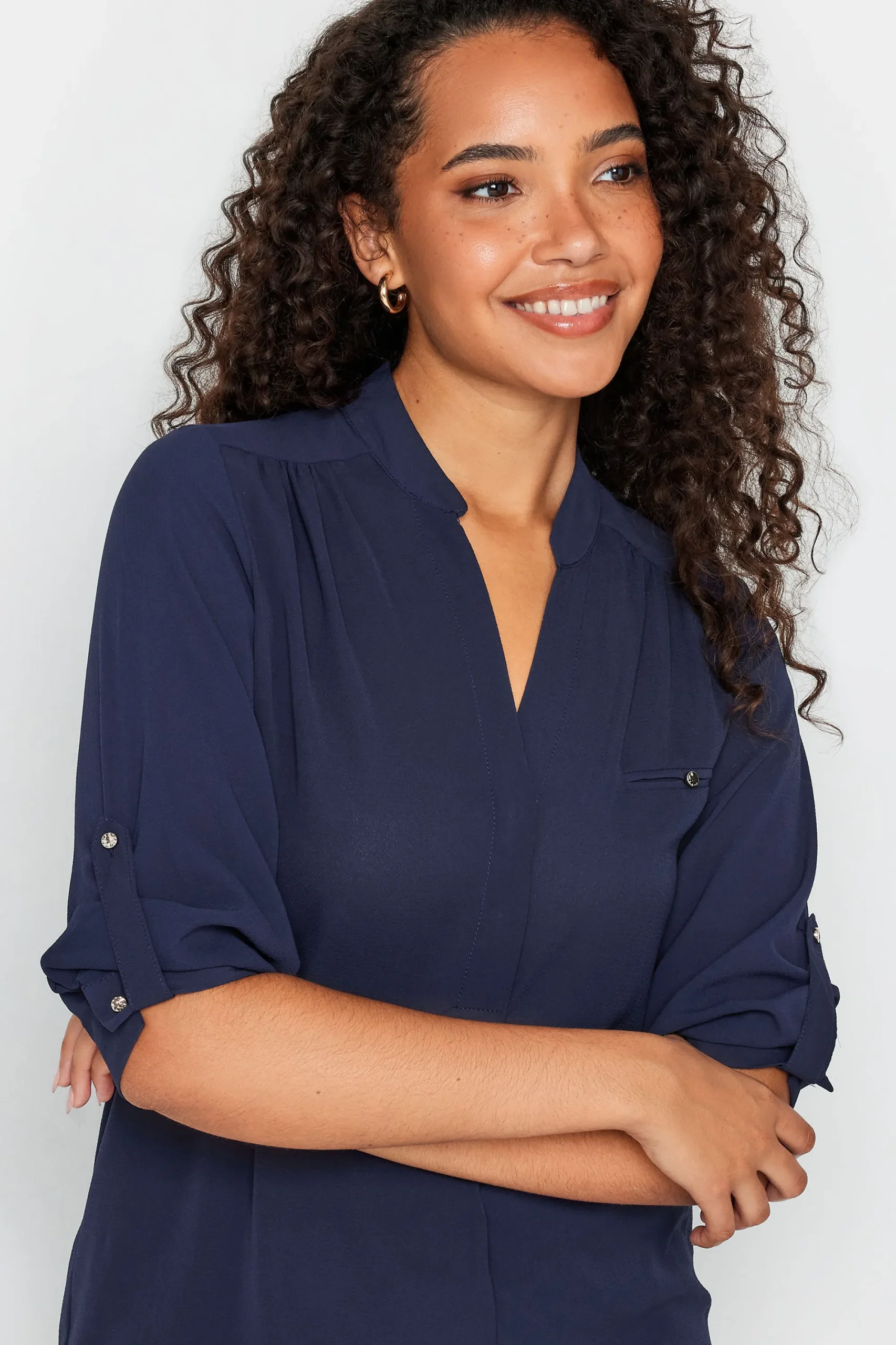 M&Co Womens Navy Blue Tab Sleeve Blouse>Women Shirts