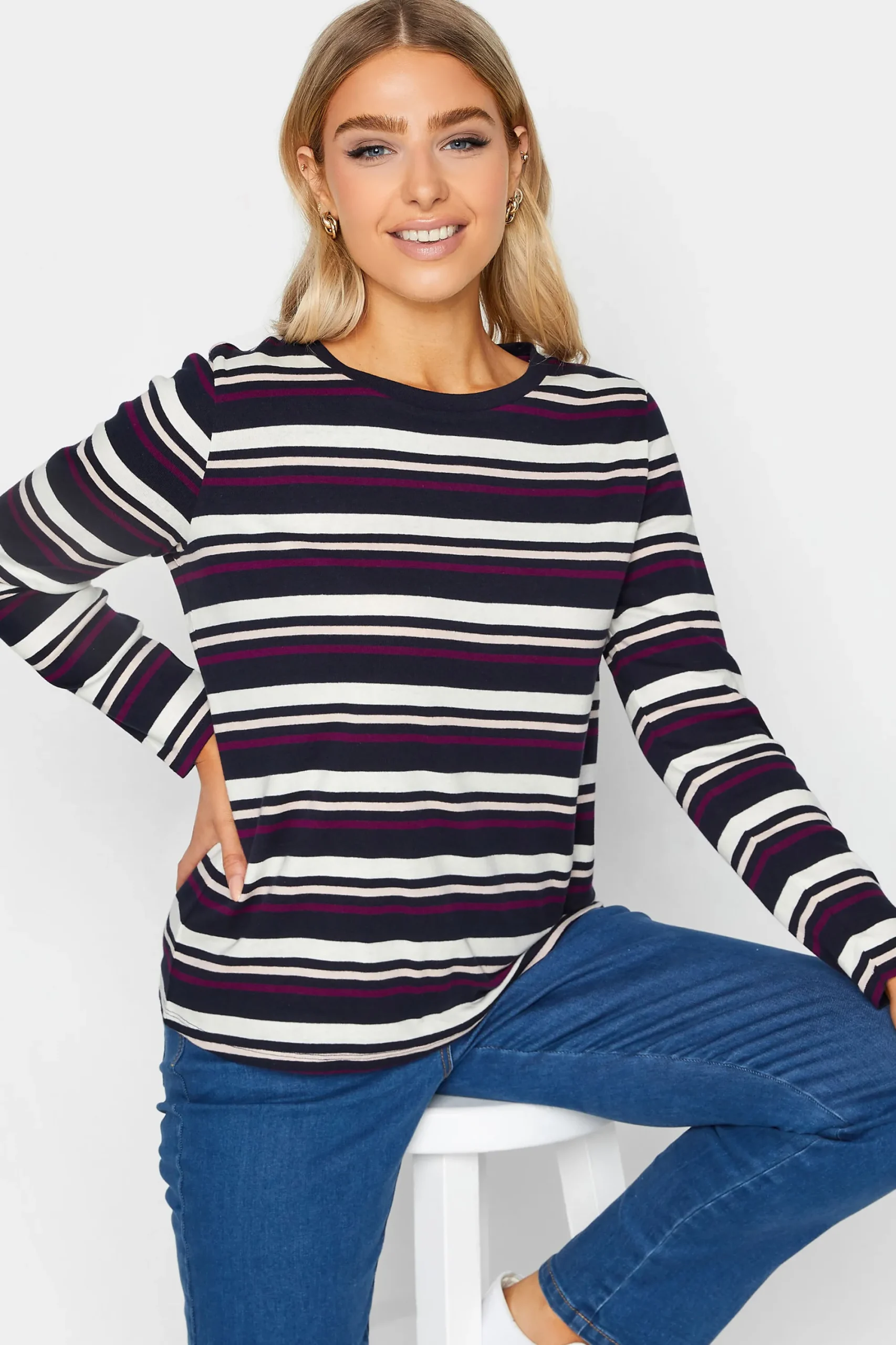 M&Co Womens Navy Blue Stripe Long Sleeve Cotton T-Shirt>Women T-Shirts