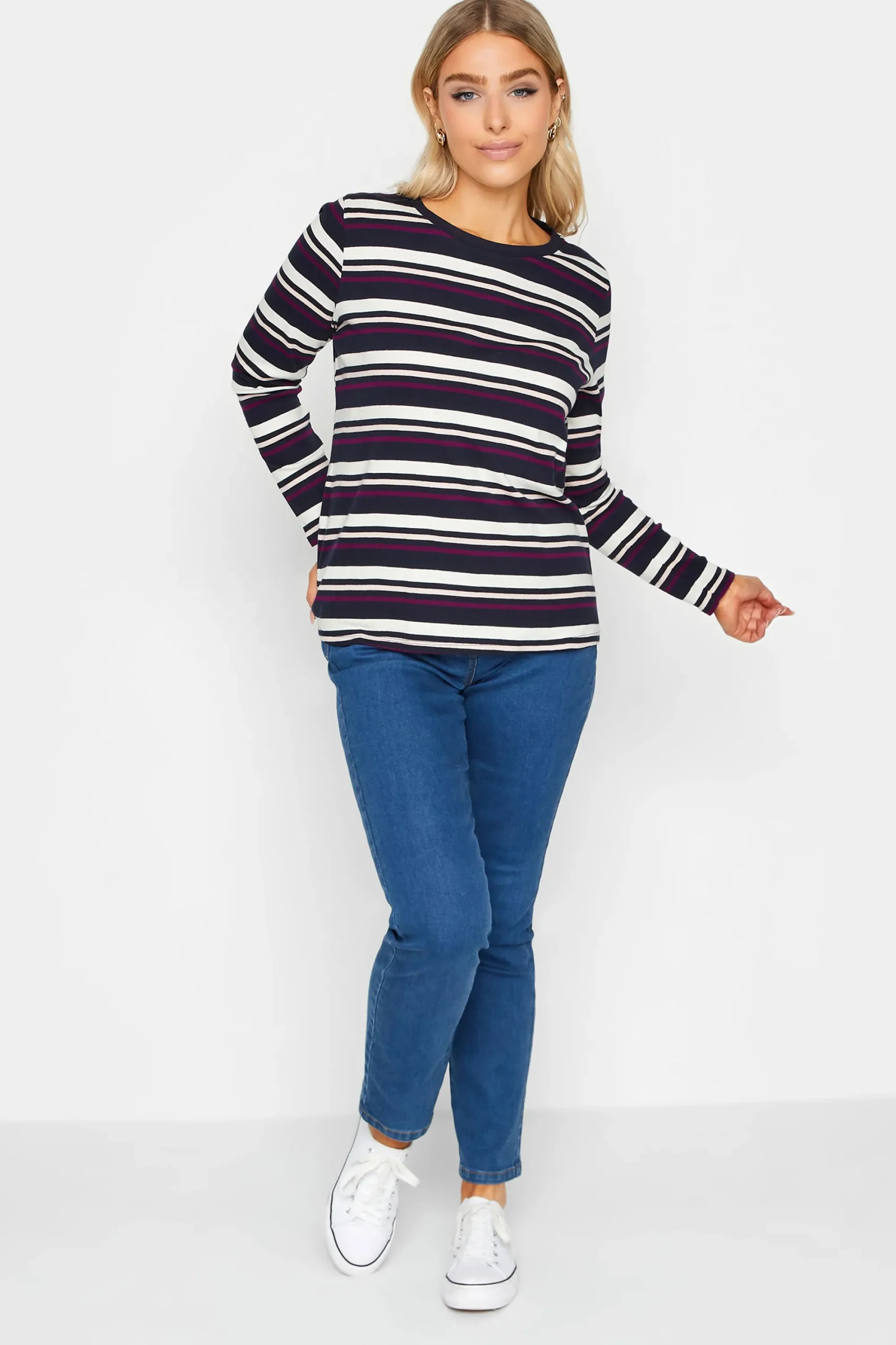 M&Co Womens Navy Blue Stripe Long Sleeve Cotton T-Shirt>Women T-Shirts