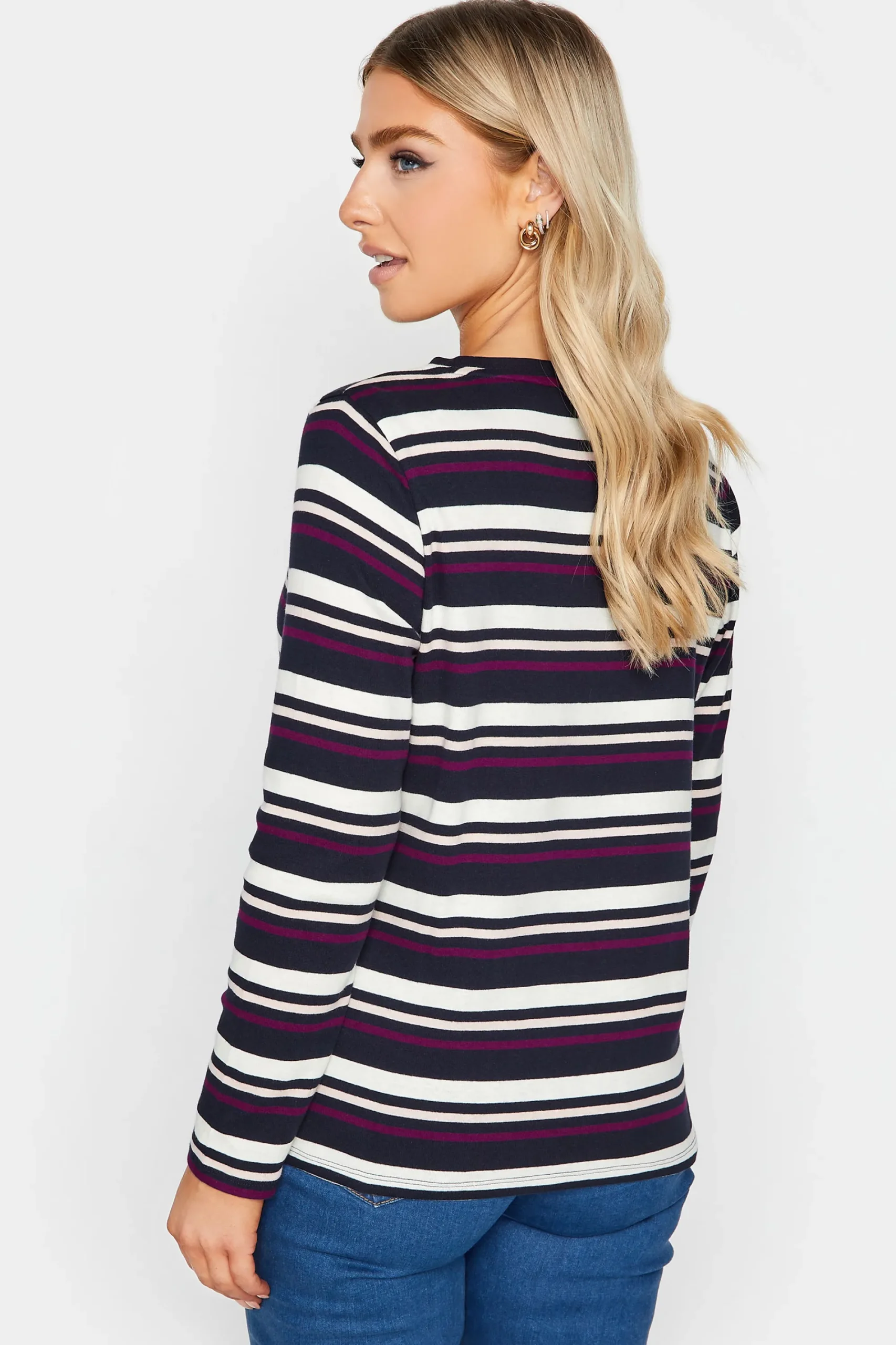 M&Co Womens Navy Blue Stripe Long Sleeve Cotton T-Shirt>Women T-Shirts