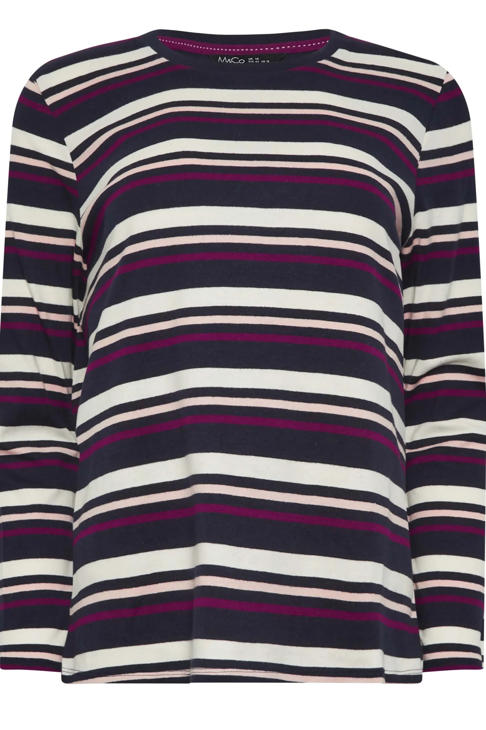 M&Co Womens Navy Blue Stripe Long Sleeve Cotton T-Shirt>Women T-Shirts