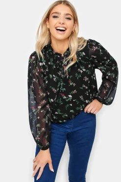 M&Co Womens Navy Blue Floral Print Tie Neck Blouse>Women Long Sleeve Tops