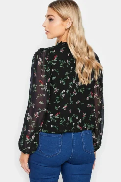 M&Co Womens Navy Blue Floral Print Tie Neck Blouse><noscript><img width=