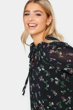 M&Co Womens Navy Blue Floral Print Tie Neck Blouse><noscript><img width=
