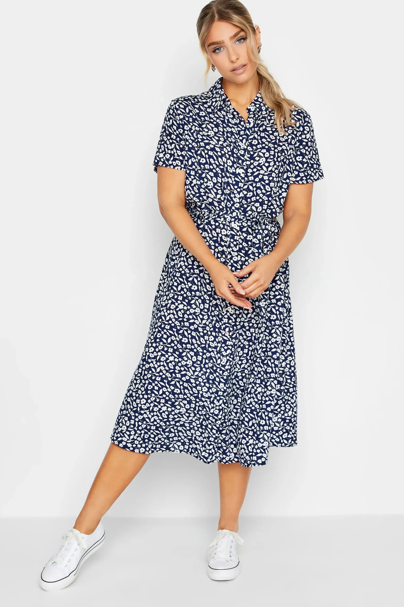 M&Co Womens Navy Blue Ditsy Print Button Through Midi Dress>Women Shirt Dresses