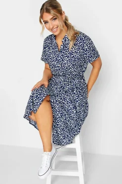 M&Co Womens Navy Blue Ditsy Print Button Through Midi Dress>Women Shirt Dresses