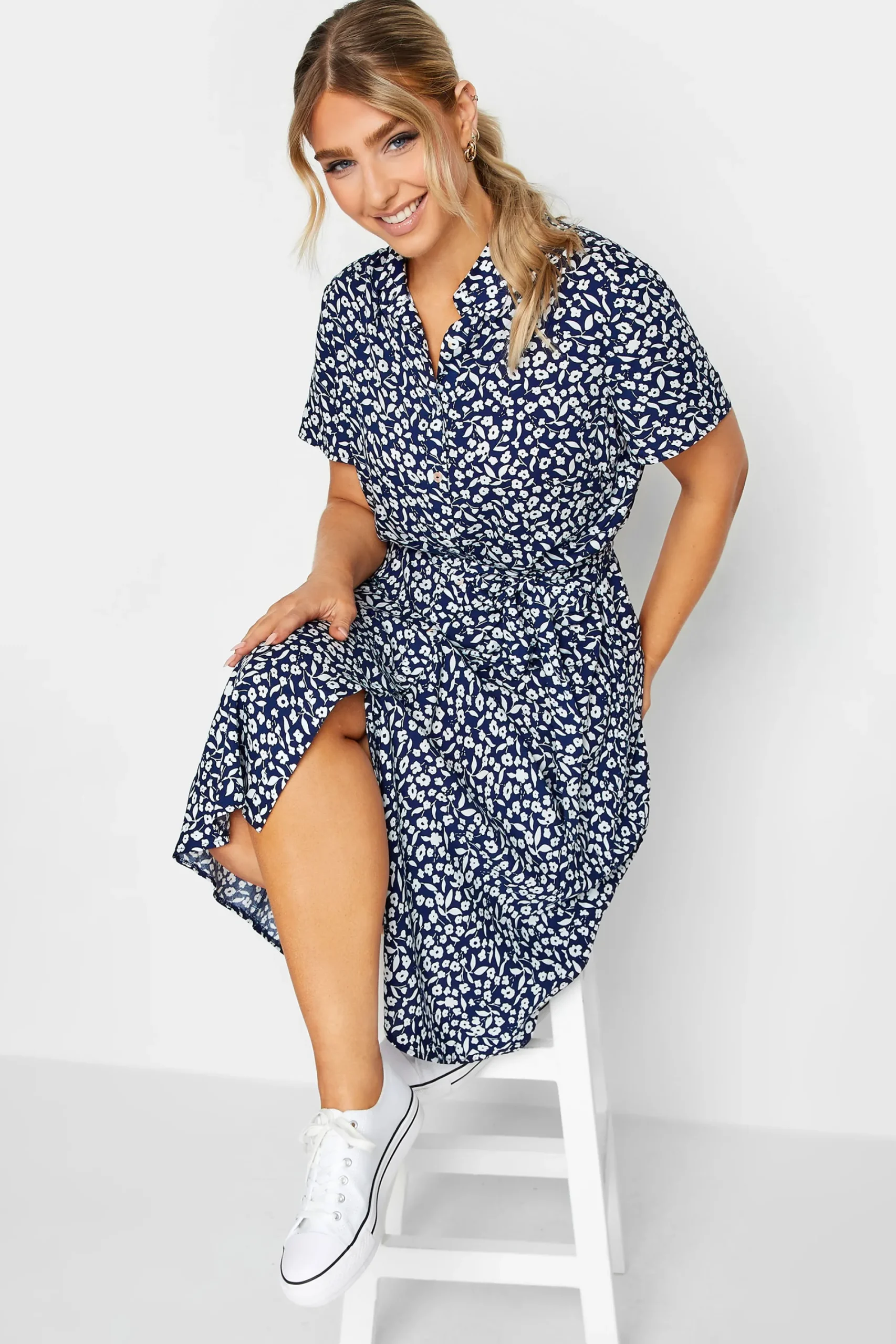 M&Co Womens Navy Blue Ditsy Print Button Through Midi Dress>Women Shirt Dresses