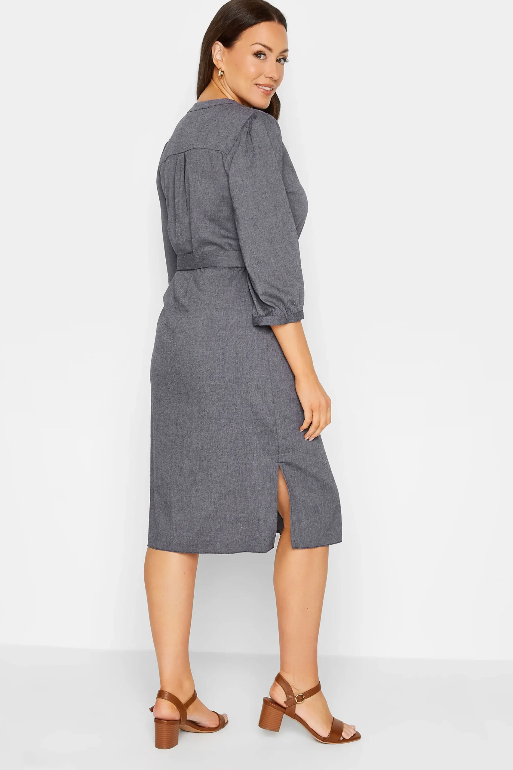 M&Co Womens Navy Blue Tie Waist Midi Tunic Dress>Women Shirt Dresses