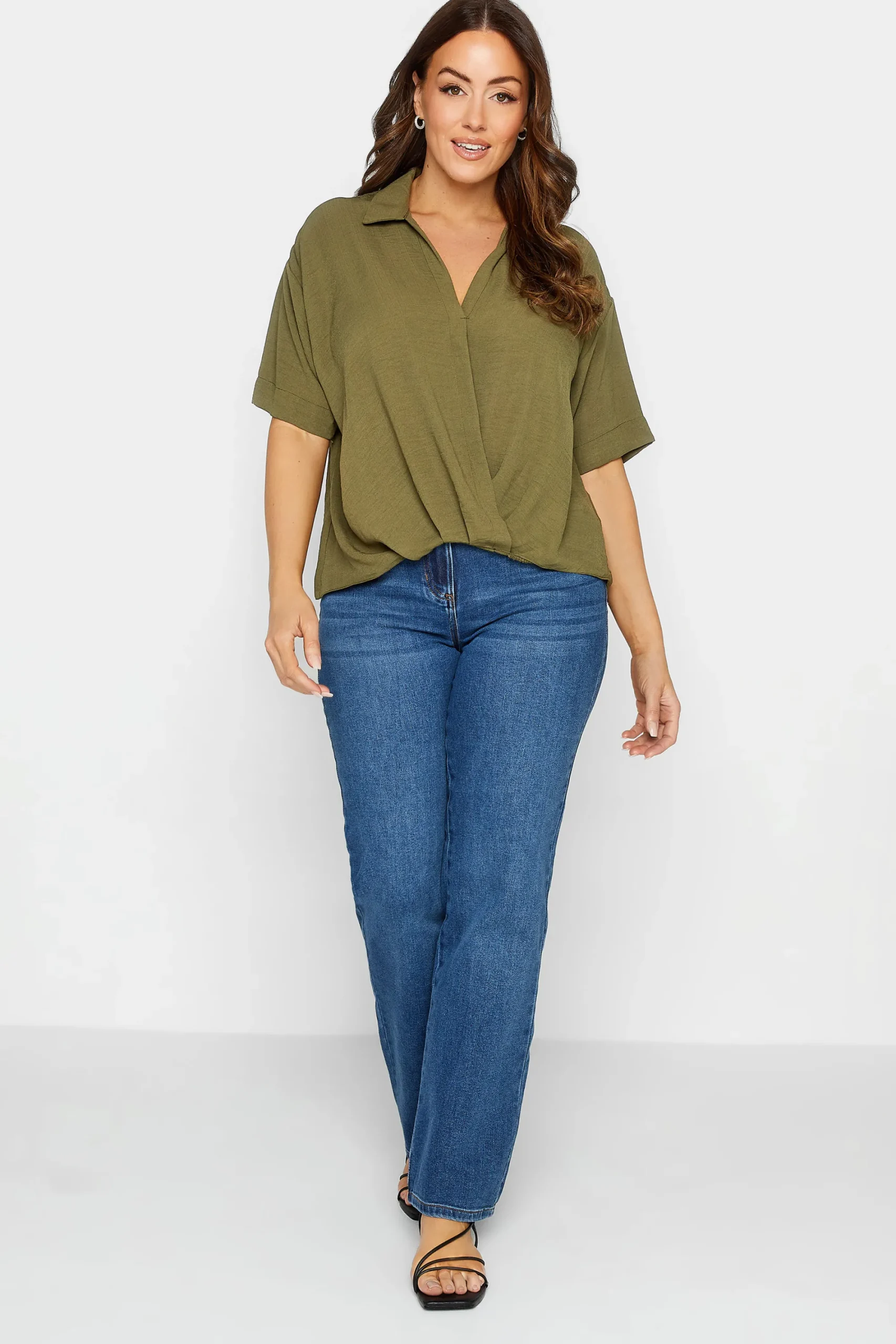 M&Co Womens Olive Green V-Neck Wrap Blouse>Women Short Sleeve Tops
