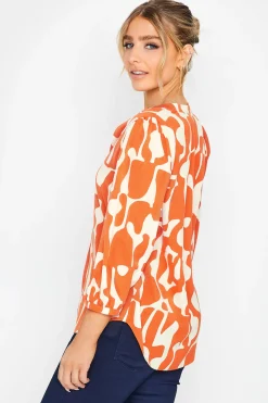 M&Co Womens Orange Abstract Print 3/4 Sleeve Blouse><noscript><img width=