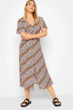 M&Co Womens Orange Ditsy Floral Print Midi Button Through Tea Dress><noscript><img width=