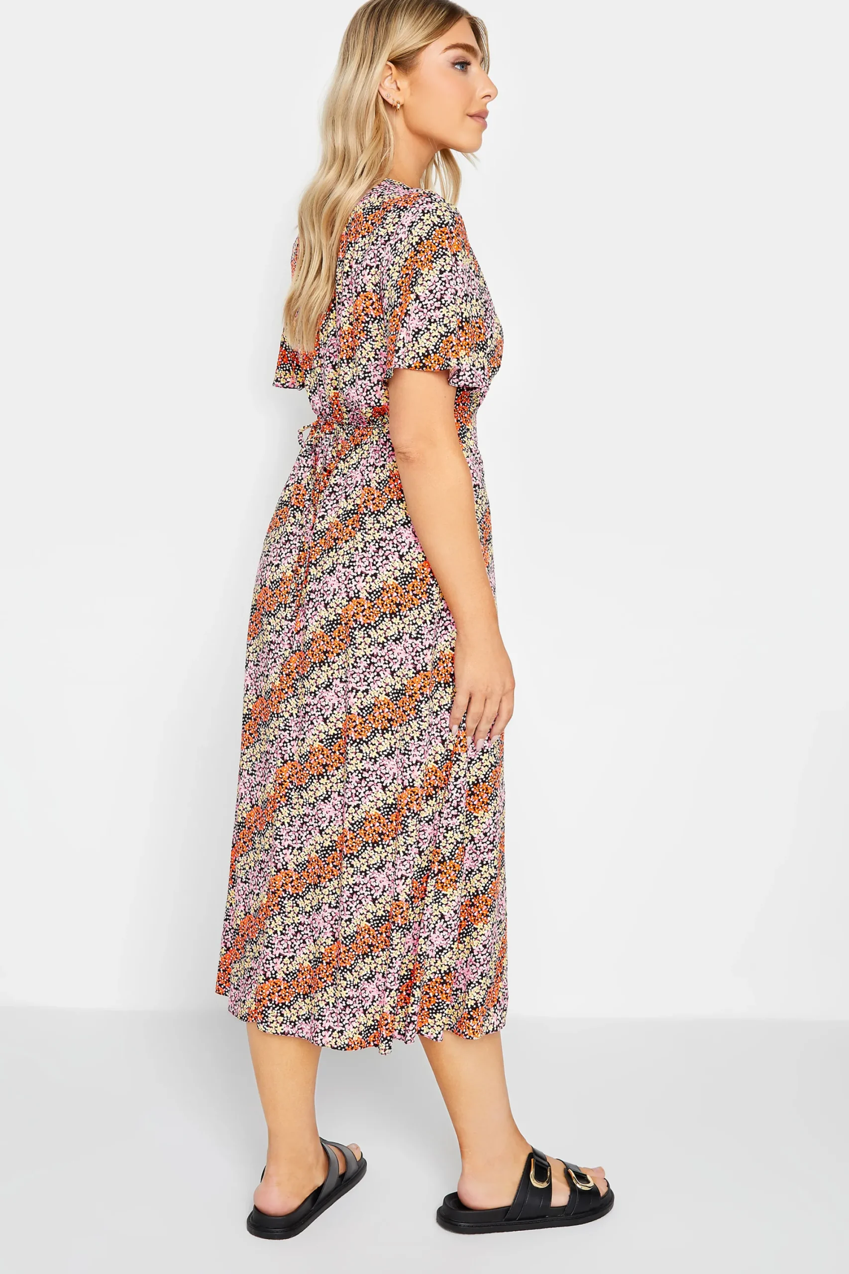 M&Co Womens Orange Ditsy Floral Print Midi Button Through Tea Dress>Women Midi Dresses