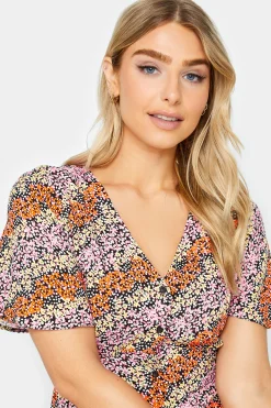 M&Co Womens Orange Ditsy Floral Print Midi Button Through Tea Dress><noscript><img width=