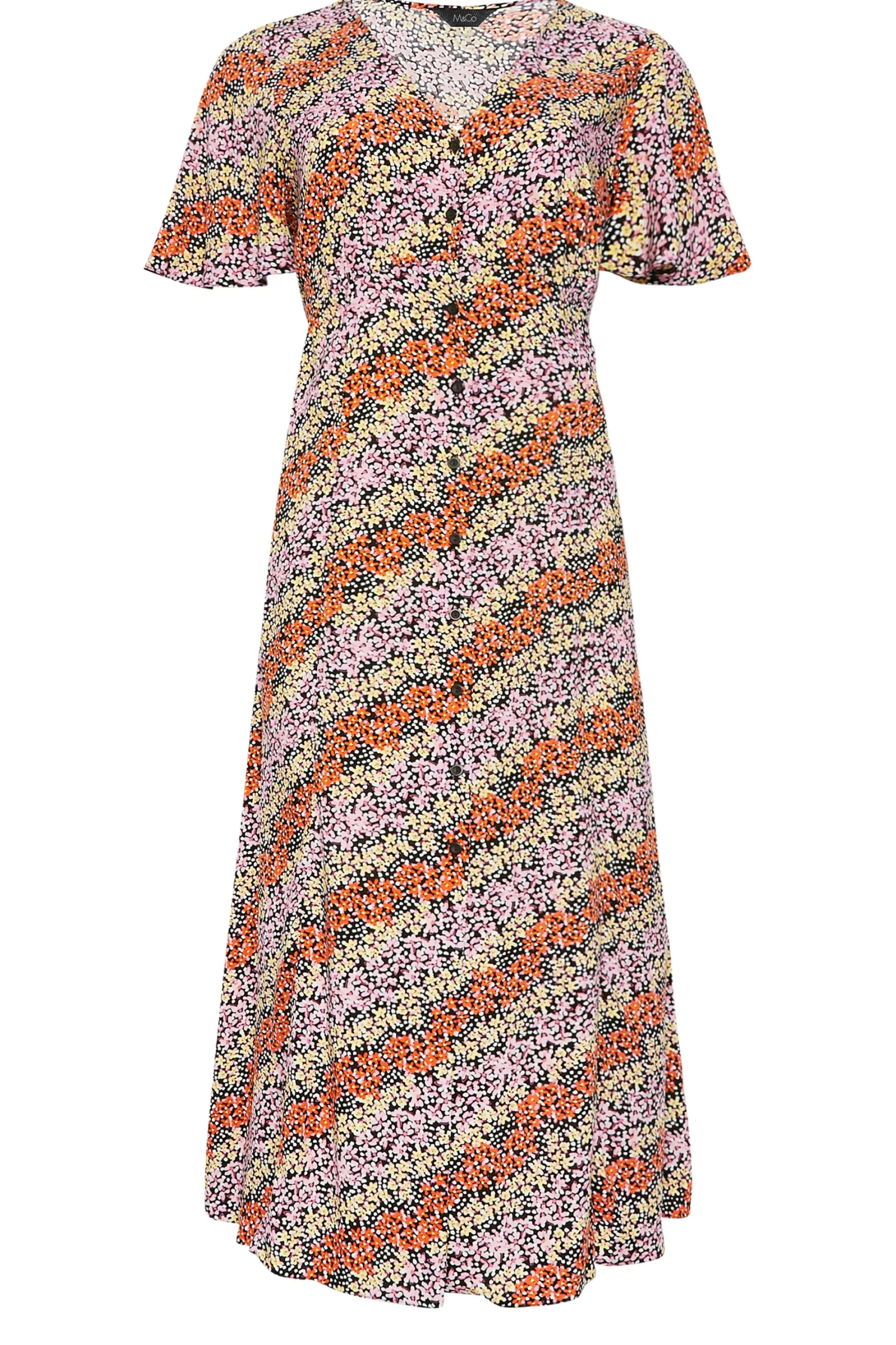 M&Co Womens Orange Ditsy Floral Print Midi Button Through Tea Dress>Women Midi Dresses