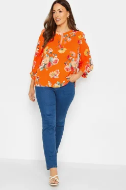 M&Co Womens Orange Floral 3/4 Sleeve Blouse>Women Blouses