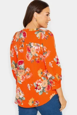 M&Co Womens Orange Floral 3/4 Sleeve Blouse><noscript><img width=
