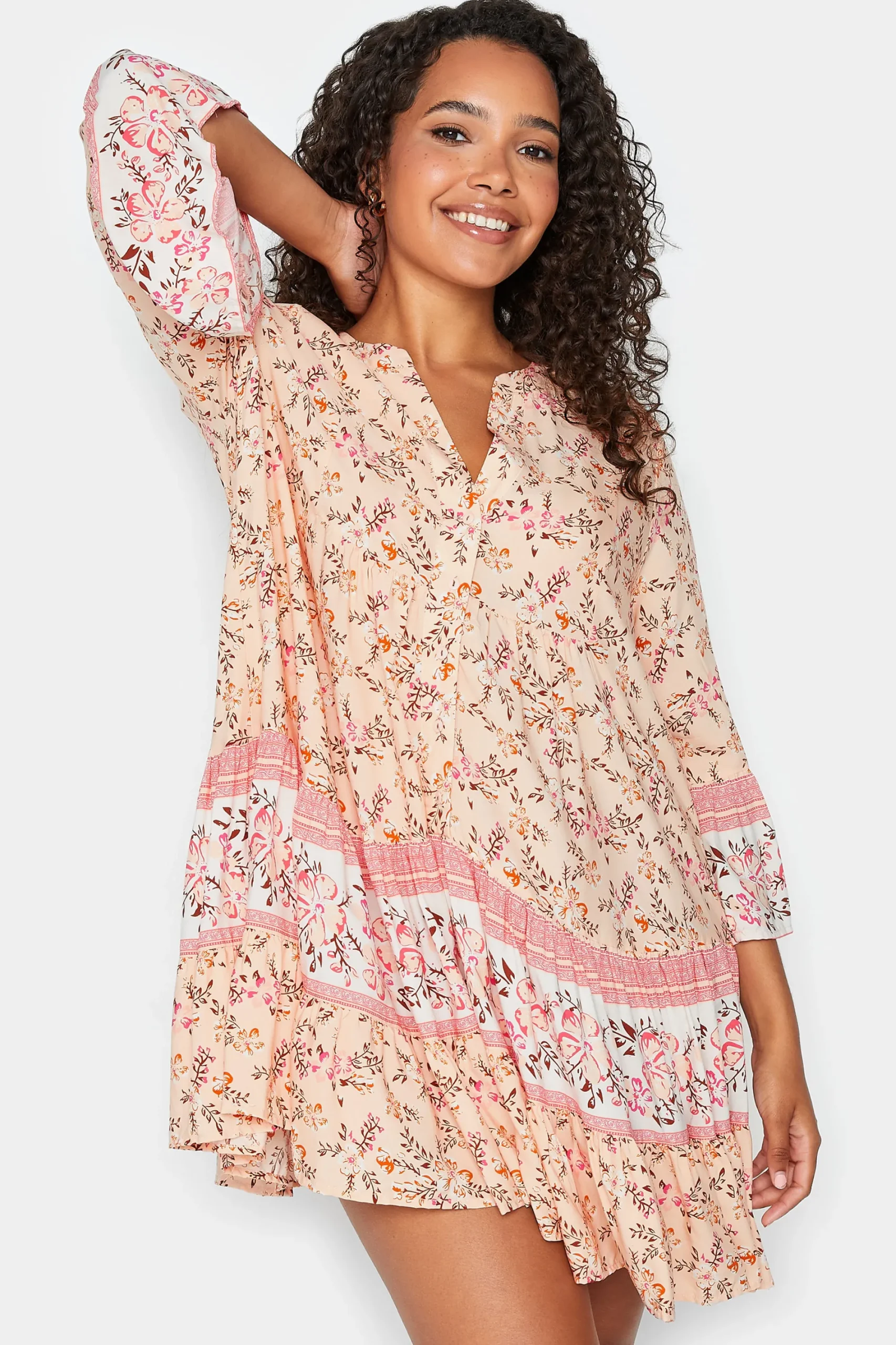 M&Co Womens Orange Floral Print Tiered Swing Dress>Women Shirt Dresses