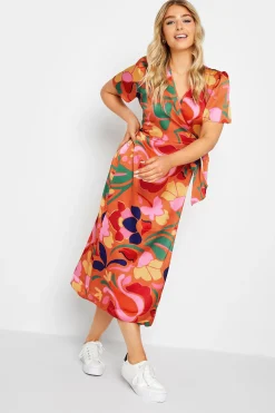 M&Co Womens Orange Floral Print Wrap Dress>Women Wedding Guest Dresses